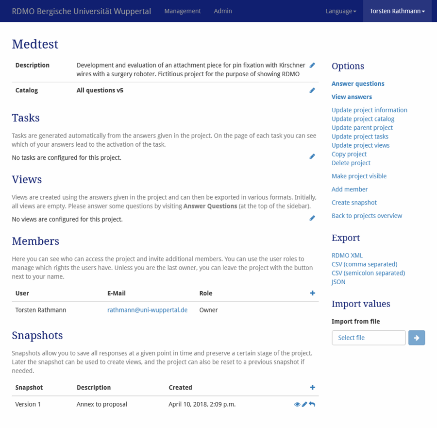 Screenshot of the overview page of a project in RDMO