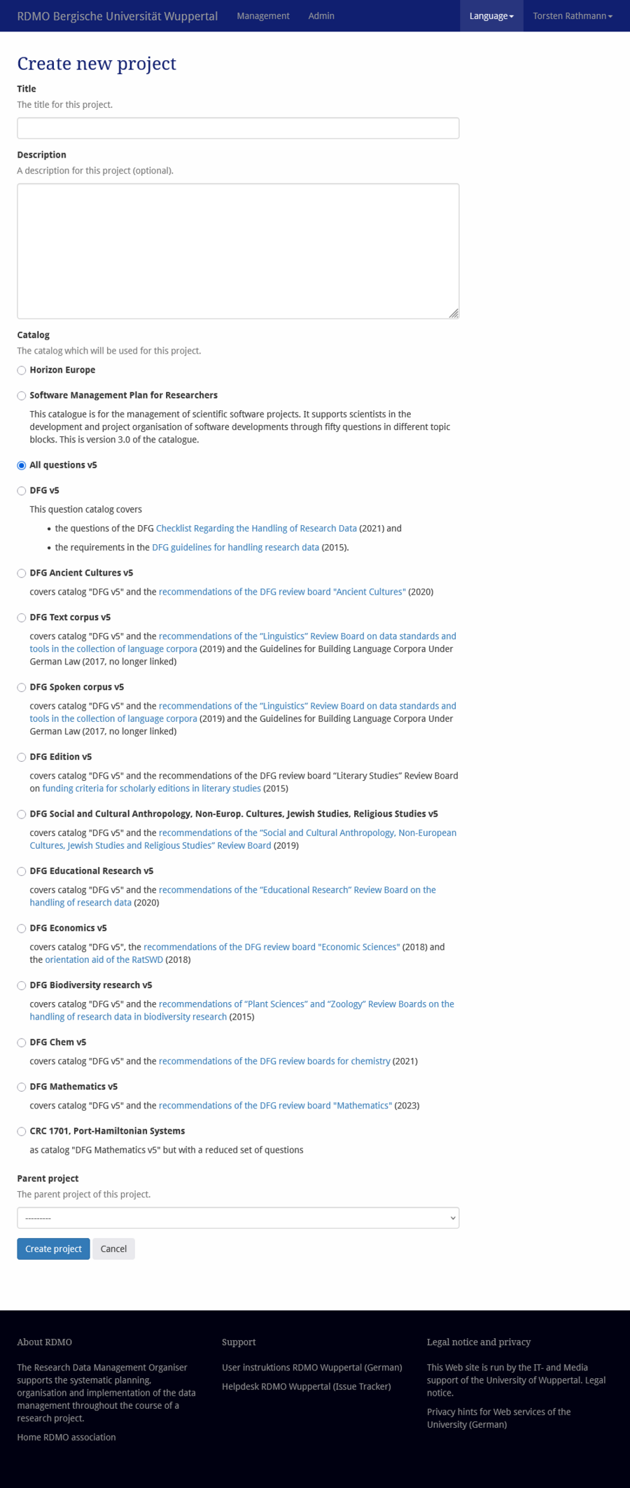 Screenshot of the project creation form in RDMO